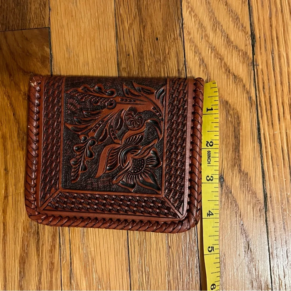 Hand Tooled Leather Wallet Made in Mexico Brown Floral Braided Like New